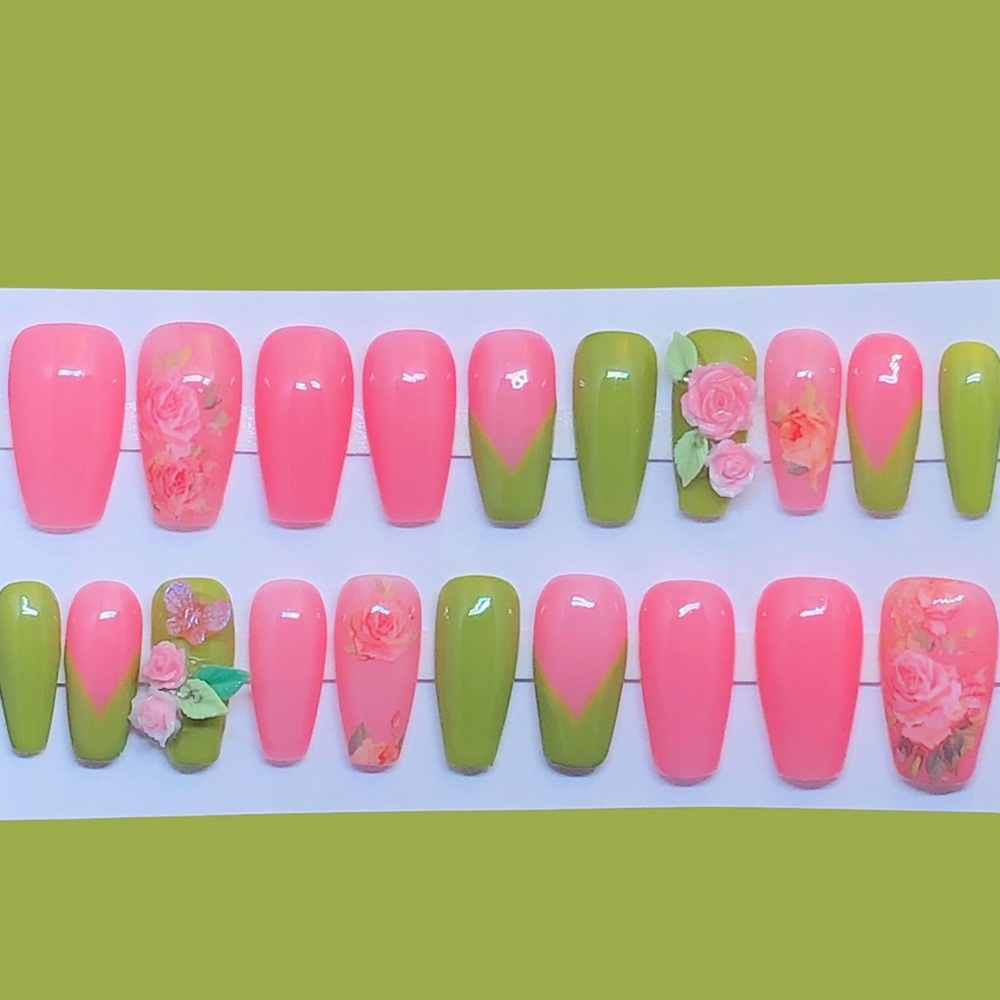 Custom Handmade Press On Nails UV Gel Long Coffin Pink Spring Roses Summer Nails - Picture 9 of 9